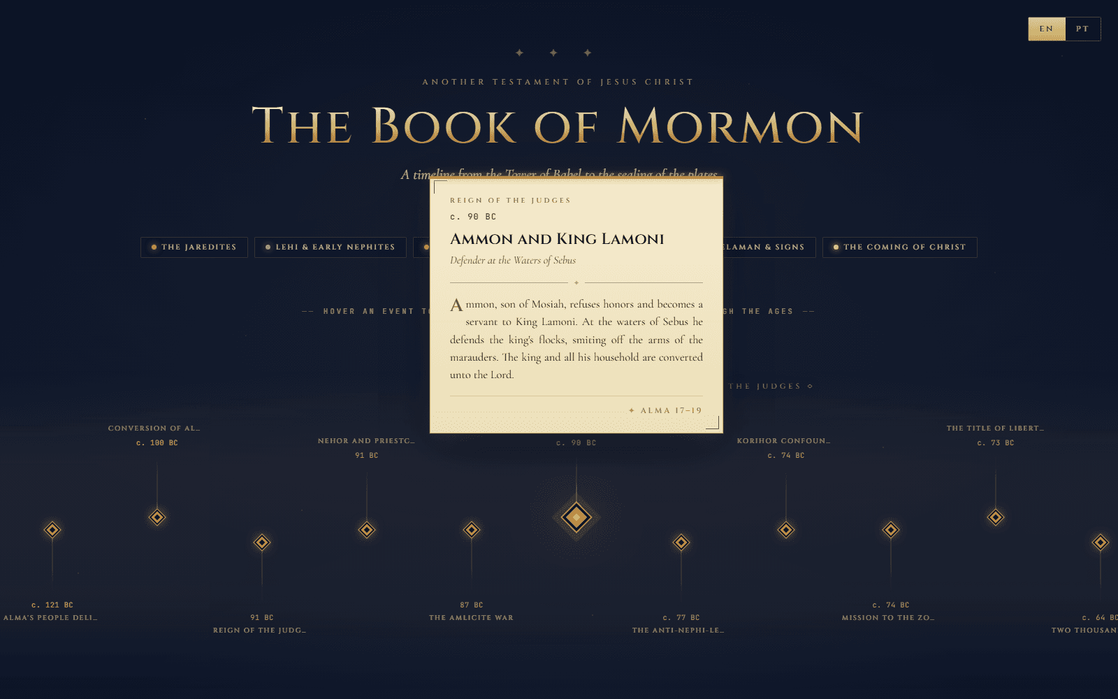 Book of Mormon Timeline — an event card opened mid-scroll